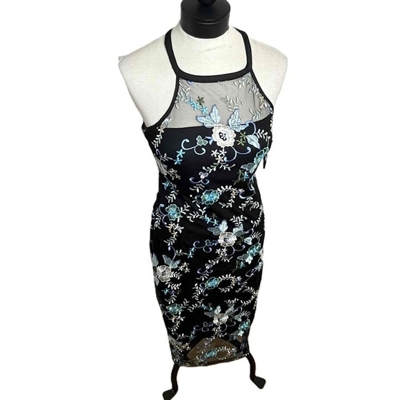 GUESS Black Floral Embroidery Sheer Neckline Sleeveless GDNL32Q Dress Size 8 - Picture 1 of 16
